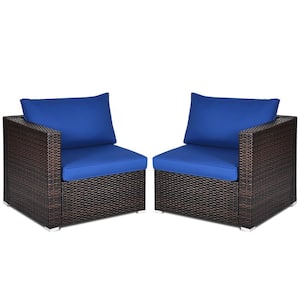 2PCS Rattan Corner Sofa Set Patio Outdoor Furniture Set w/4 Navy Cushions