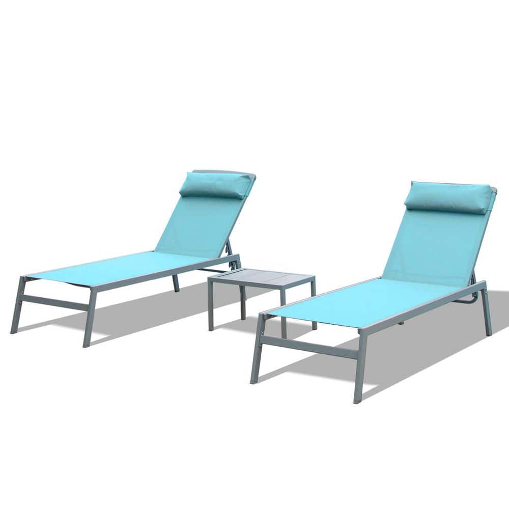 Adjustable Backrest Outdoor Aluminum Chaise Lounge with Table and Headrest, Set of 3 in Lake Blue price history on PriceWatchPro
