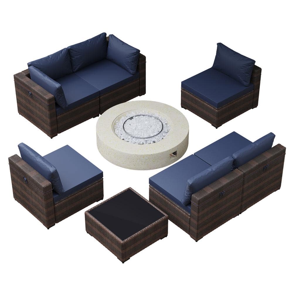 UPHA 8-Piece Outdoor Wicker Conversation Set with 42 in. Round Fire Pit ...