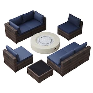 8-Piece Outdoor Wicker Conversation Set with 42 in. Round Fire Pit Table, Fire Pit Patio Set with Navy Blue Cushions