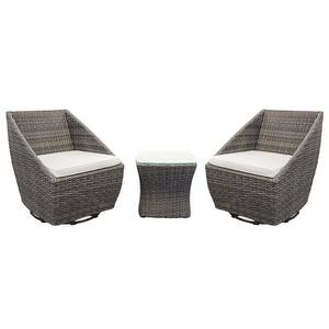 Heyfield Swivel 3-Piece Black Powder Coated Steel Frame Wicker Square Table Outdoor Bistro Set with White Cushions