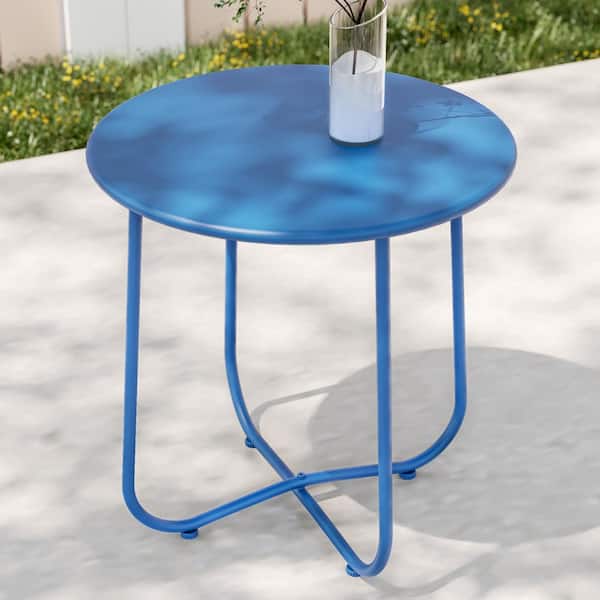 Sonkuki Patio Navy Blue Round Metal Frame Outdoor Side Table Modern Industrial Style with Weather Resistant