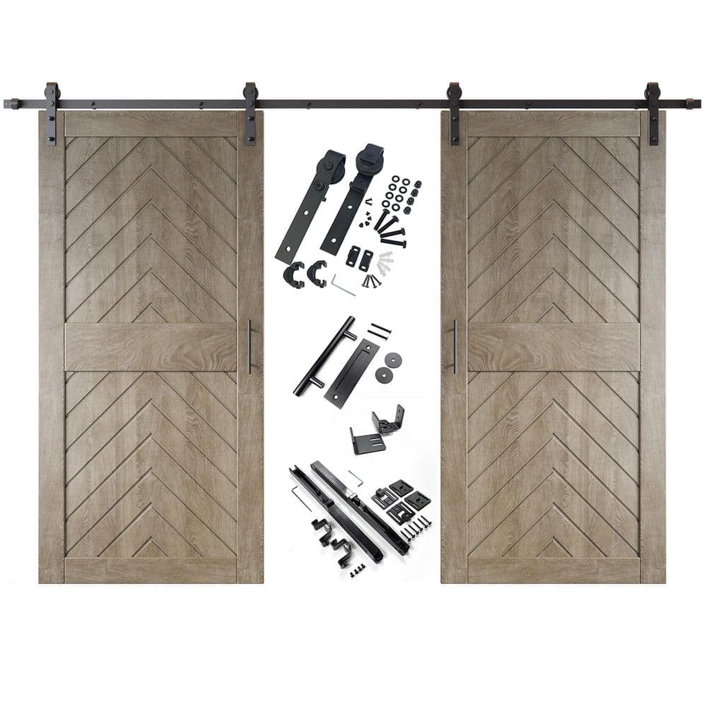 JT1 40 in. x 84 in. C-Panel Classic Gray Fishbone Design Double Pine Wood Sliding Barn Door with Hardware Kit price history on PriceWatchPro