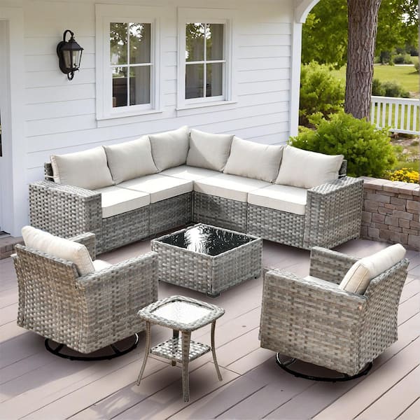 XIZZI Beatrice 9-Piece Wicker Patio Conversation Seating Sofa Set with Beige Cushions and Swivel Rocking Chairs