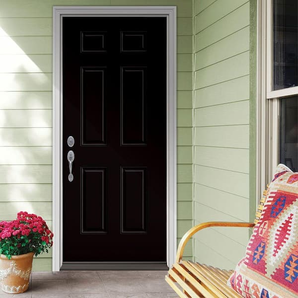 36 in. x 80 in. 6-Panel Black Painted Steel Prehung Right-Hand Inswing Front Door w/Brickmould