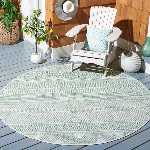 Courtyard Beige/Green 7 ft. x 7 ft. Striped Tribal Chevron Indoor/Outdoor Round Area Rug