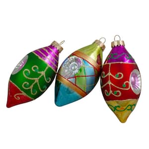 4.25 in. (100 mm) Multi-Color with Retro Reflectors Glass Finial Christmas Ornament Set (3-Count)
