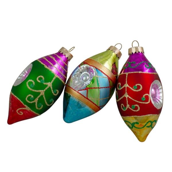 Northlight 4.25 in. (100 mm) Multi-Color with Retro Reflectors Glass Finial Christmas Ornament Set (3-Count)