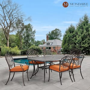 Copper-Colored Backrest Cast Aluminum Diagonal-Mesh Vines Outdoor Dining Chairs with Orange Cushions (Set of 6)