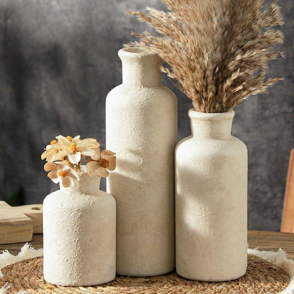 9.96 in. Rustic Farmhouse White Ceramic Bottle Decorative Vase