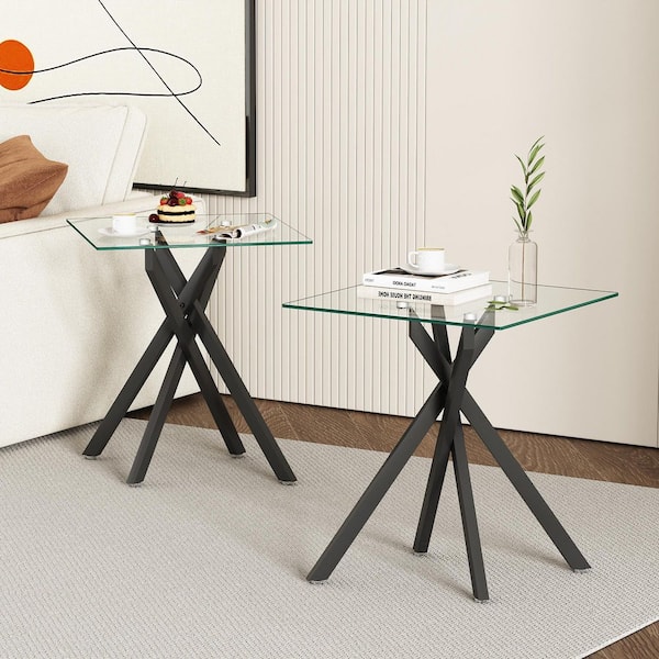 1 Piece 17.72 in. Square Clear Tempered Glass End Table with Black Metal Legs, Modern Living Room Side Table