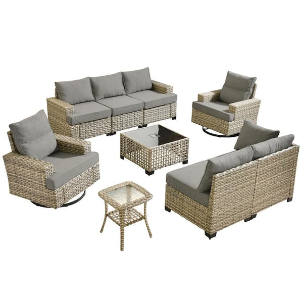 Kelleys 9-Piece Wicker Outdoor Patio Conversation Sofa Sectional Furniture Set with Swivel Chairs and Dark Grey Cushions