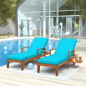 2 Solid Wood Outdoor Chaise Lounge Patio Reclining Daybed with Cushion Wheels and Sliding Cup Table in Blue Cushions