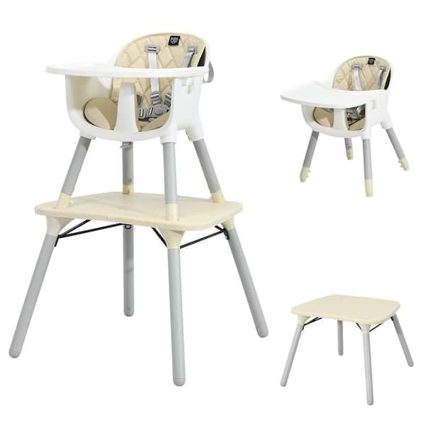 Costway 4 in 1 Beige PP Baby High Chair Convertible Toddler Table Chair Set with PU Cushion