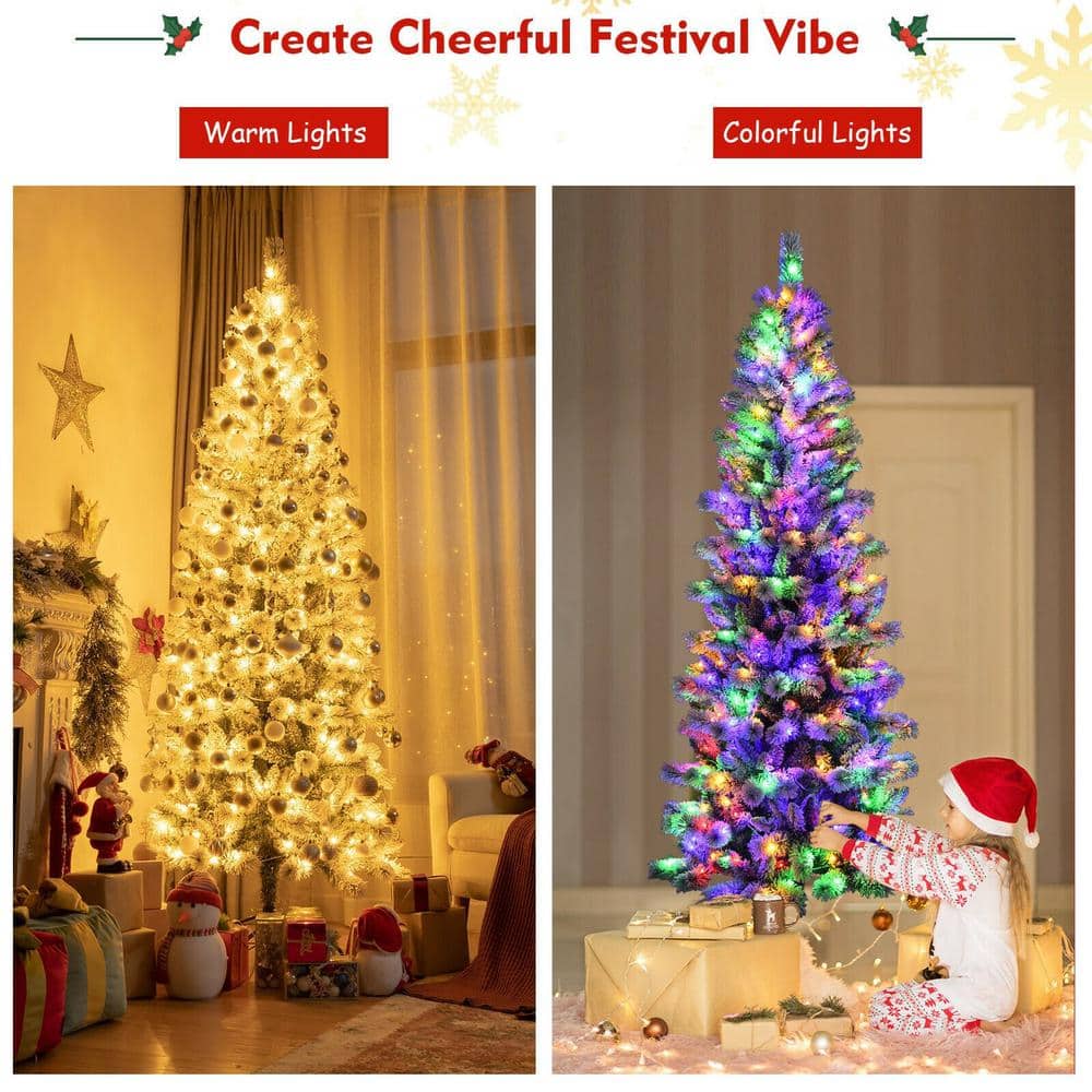7.5 ft Snow Flocked Pine Christmas Tree with Multicolor LED Lights