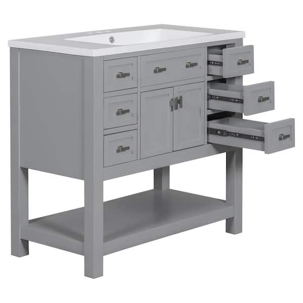 Zeus & Ruta 36 in. W x 18 in. D x 34.1 in. H 1-Sink Bath Vanity in Grey with White Resin Top Sink 2-Soft Closing Doors 6-Drawers