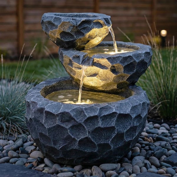 Sunnydaze 17 in. 3-Tier Chiseled Basin Solar Outdoor Tiered Water