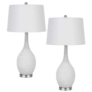 30.5 in. H Sculpture White Glass Table Lamp Set with Drum Shade and Matching Finial (Set of 2)