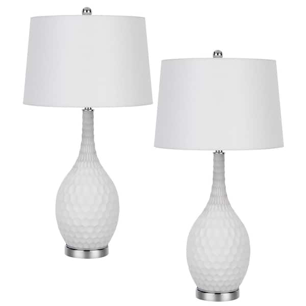 CAL Lighting 30.5 in. H Sculpture White Glass Table Lamp Set with Drum Shade and Matching Finial (Set of 2)