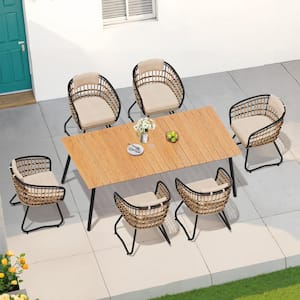 7-Piece Metal 82.5 in. Outdoor Dining Set with Rattan Chairs and Beige Cushions