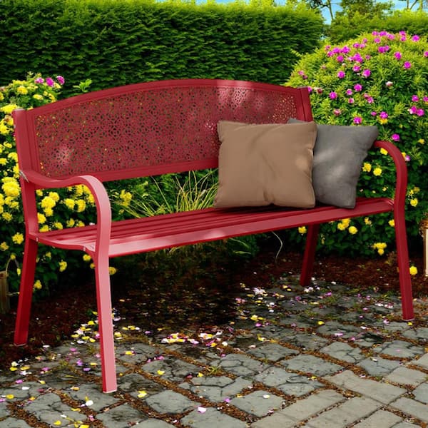 Maypex 49in 2-Person Red Metal Outdoor Garden Bench
