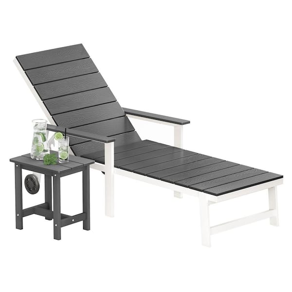 Hedia Oversized Gray 3-Piece HDPS Plastic Adjustable Outdoor Patio Reclining Chaise Lounge Set with Wheel and Side Table