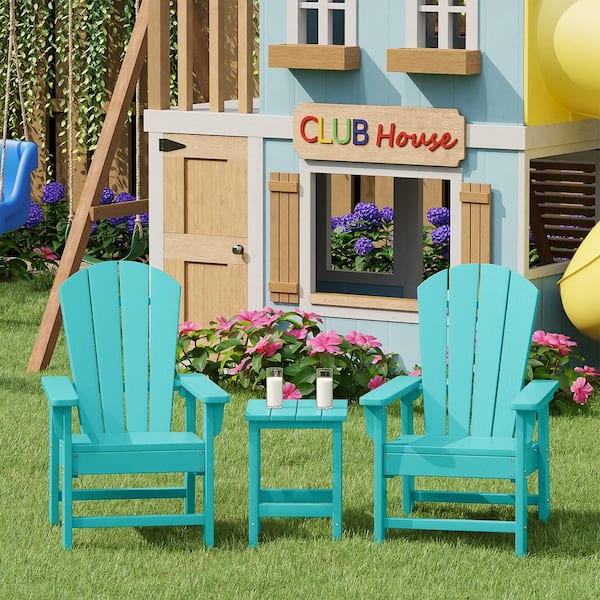 Children's Laguna Turquoise 3-Piece Plastic Outdoor Kids Adirondack Chair With Side Table Patio Conversation Set