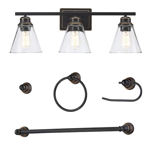 Hukoro 26 in. 3-Light with Oil Rubbed Bronze Vanity Light and Clear Glass Shade and Bath Set (5-Piece)