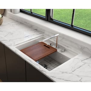Baveno Uno White Fireclay 27 in. Single Bowl Undermount/Drop-In 3-hole Kitchen Sink w/Integrated WS and Acc.