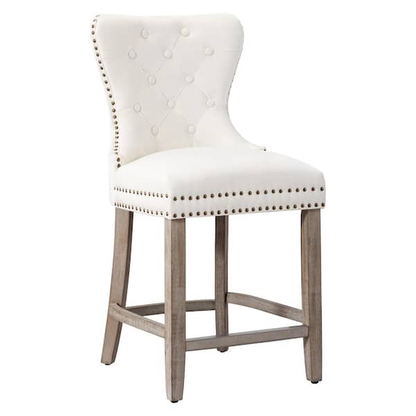 WESTINFURNITURE Harper 24 in. High Back Nail Head Trim Button Tufted Cream Velvet Counter Stool with Solid Wood Frame in Antique Gray