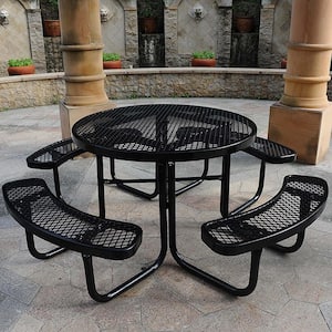 46 in. Black Round Outdoor Steel Picnic Table with Seat and Umbrella Pole