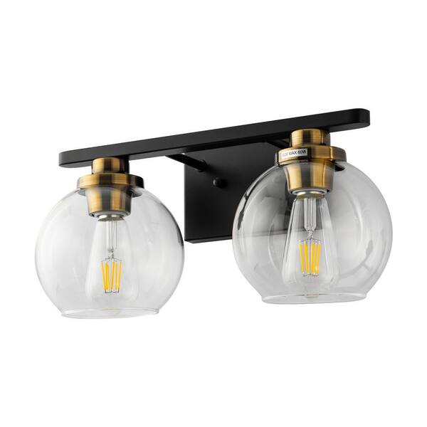 Briignite 16 in. 2-Light Industrial Matte Black and Gold Bathroom Vanity Light with Open Globe Clear Glass Shades