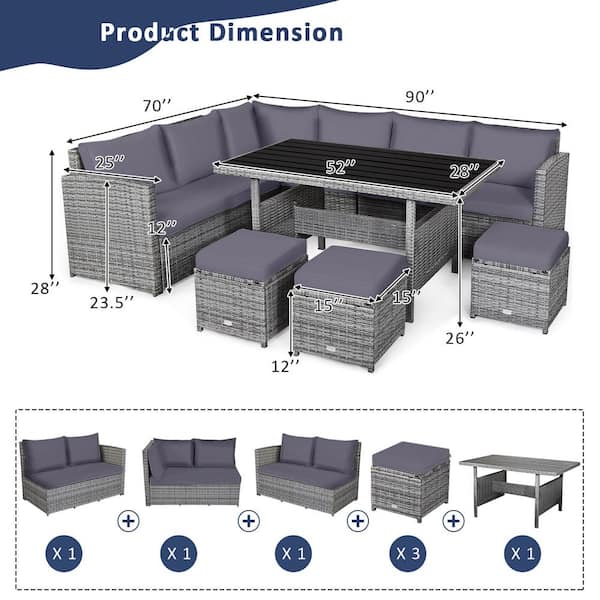 Costway 7 Pcs Patio Rattan Dining Set Sectional Sofa Couch Ottoman Garden Gray