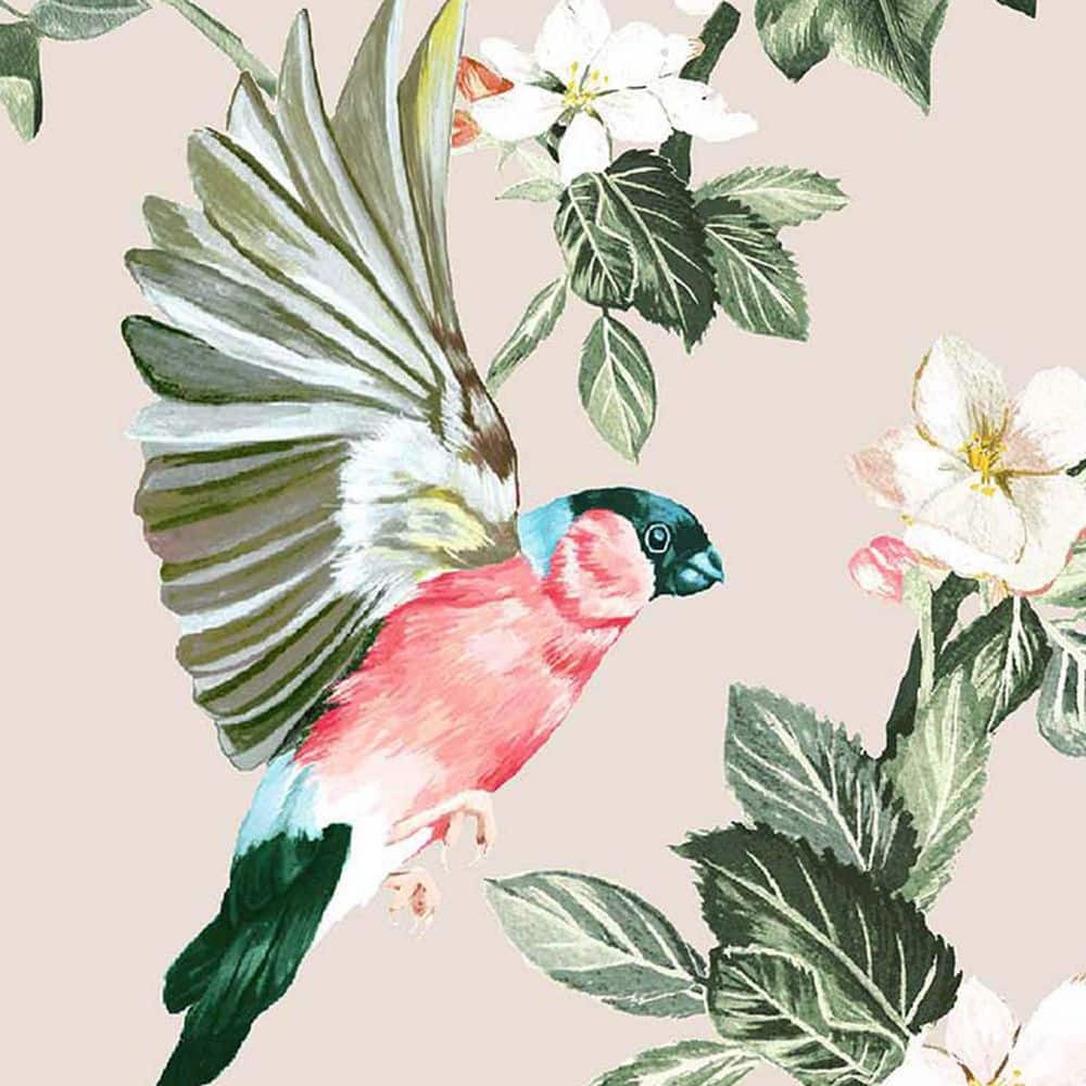 Hand-Painted Garden Birds Floral Wallpaper in Warm Oaty Brown