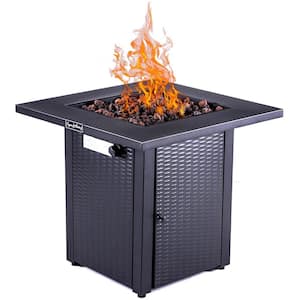 Black 28 in. Metal Outdoor Propane Fire Pit Table 50000 BTU Gas Dinning Fire Table with Lid Lava Stone Adjustable Flame