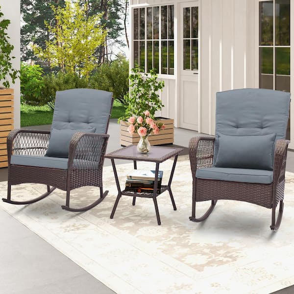 ANGELES HOME 3-Pieces Wicker Patio Conversation Set Rocking Bistro Set with 2-Tier Coffee Table, Gray Cushions