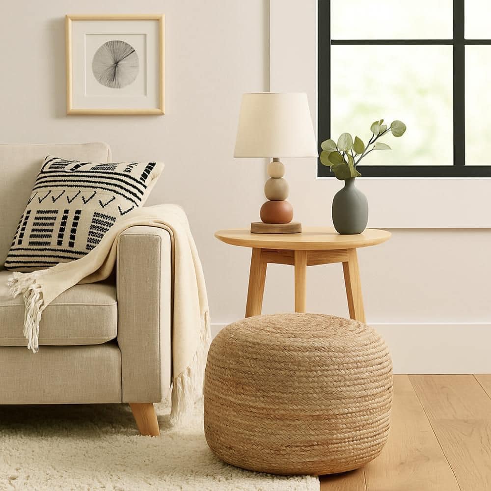 Benjara Poby Natural Brown Jute Round Ottoman Pouf BM338674 - The