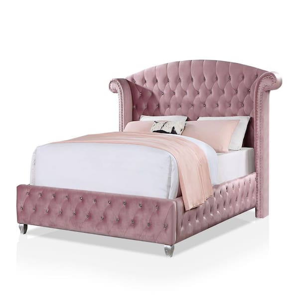 Furniture of America Nesika Pink Glam Wood Frame Twin Upholstered Panel Bed with Wingback Design and Care Kit