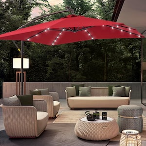 8.2 ft. x 8.2 ft. Solar LED Square Cantilever Patio Umbrella for Villa Gardens, Lawns and Yard in Red