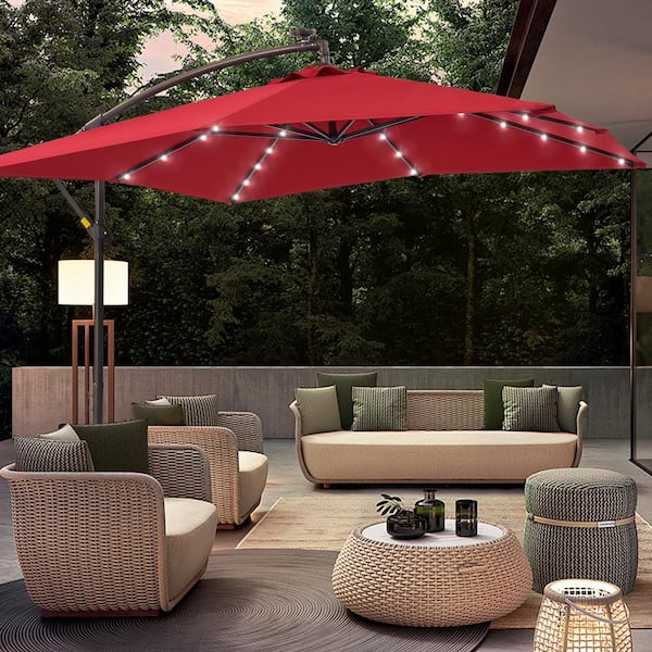 Sonkuki 8.2 ft. x 8.2 ft. Solar LED Square Cantilever Patio Umbrella for Villa Gardens, Lawns and Yard in Red