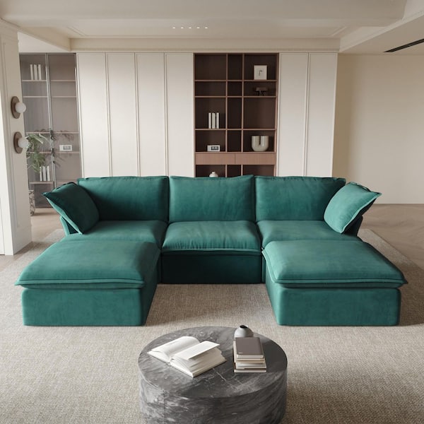 J&E Home 122.8 in. Flared Arm 5-Piece Linen Down-Filled Deep Seat Modular Free Combination Sectional Sofa with Ottoman in. Green