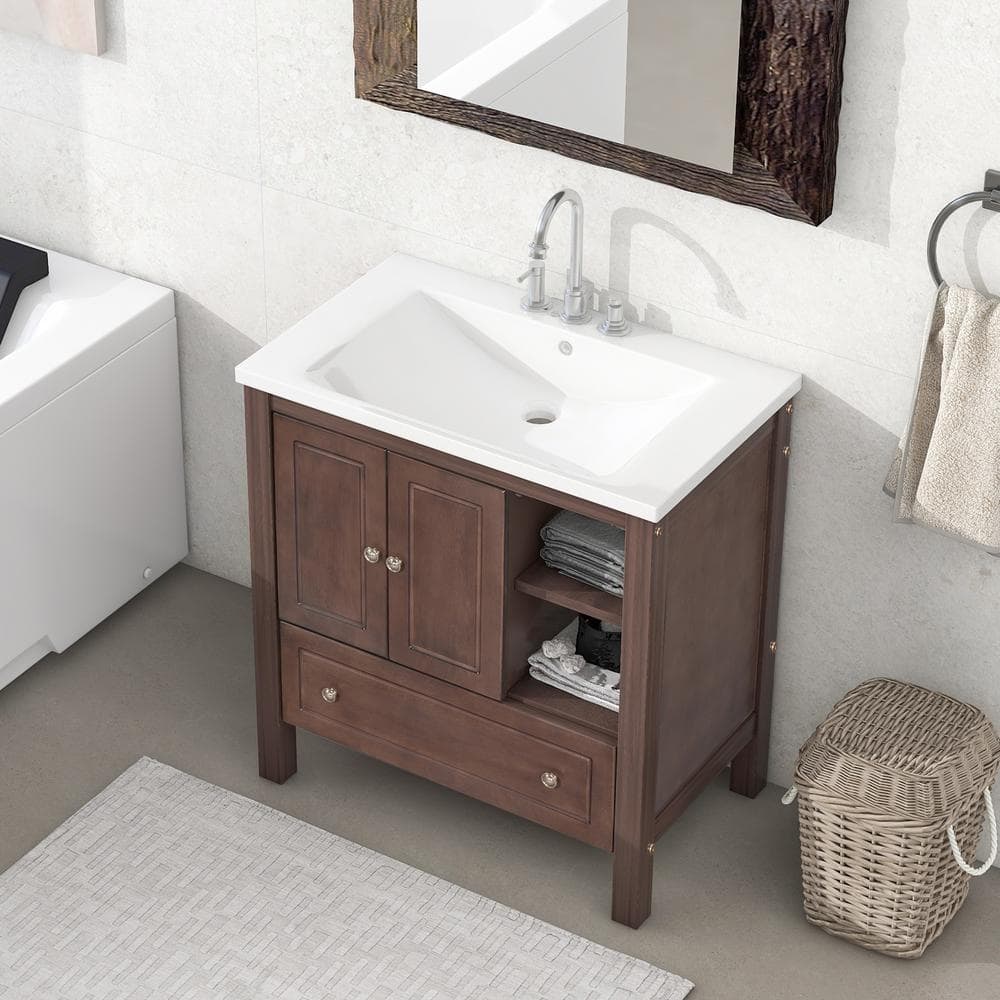 30 in. W x 18 in D. x 32.10 in. H Freestanding Bathroom Vanity in Brown wit