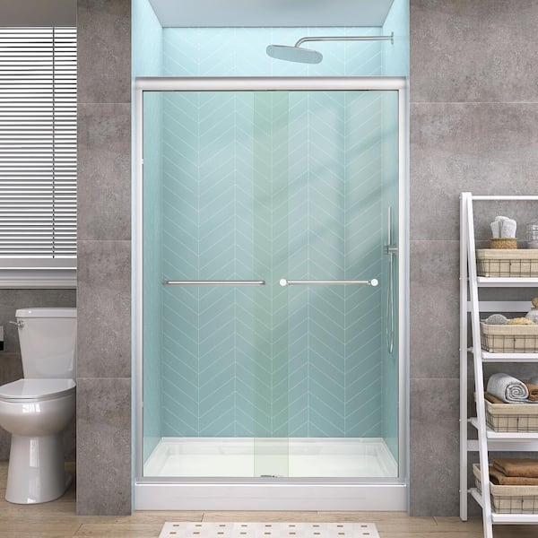 Getpro 44 in.-48 in. W x 72 in. H Double Sliding Framed Alcove Shower Door in Brushed Nickel with 1/4 in. (6 mm) Clear Glass