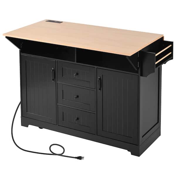 Tatahance Black and Brown Wood Top 55.7 in. Rolling Kitchen Island with Drop Leaf, Power Outlet and Towel Rack