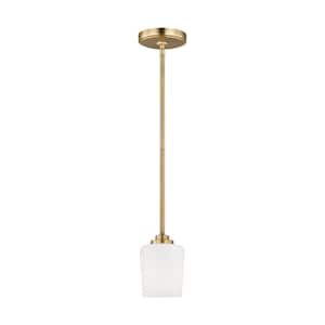 Windom 1-Light Satin Brass Mini Island Hanging Pendant Light with Alabaster Glass Shade