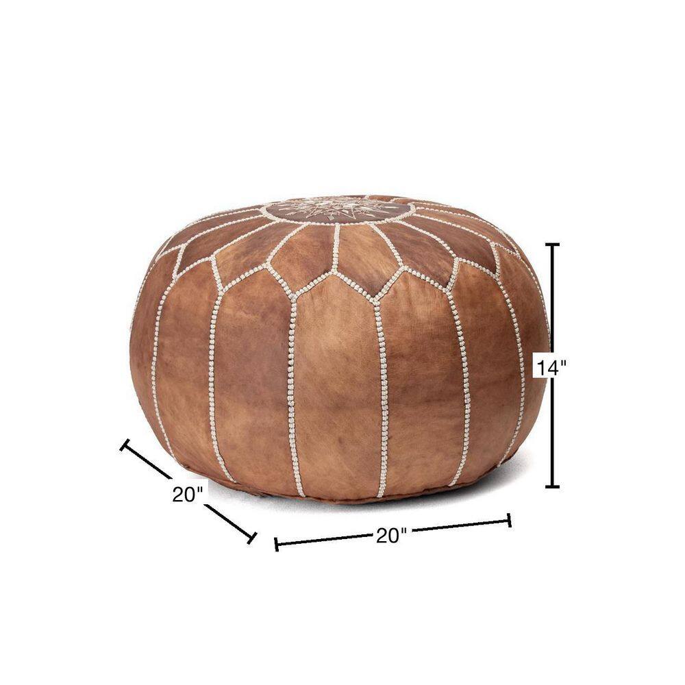 Modern Hand-Stitched Brown Leather Moroccan Pouf, 14" H x 20" W