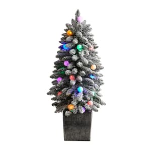 3 ft. Flocked Highland Fir Artificial Christmas Tree with 127 Bendable Branches and 20 LED Globe Lights in Planter
