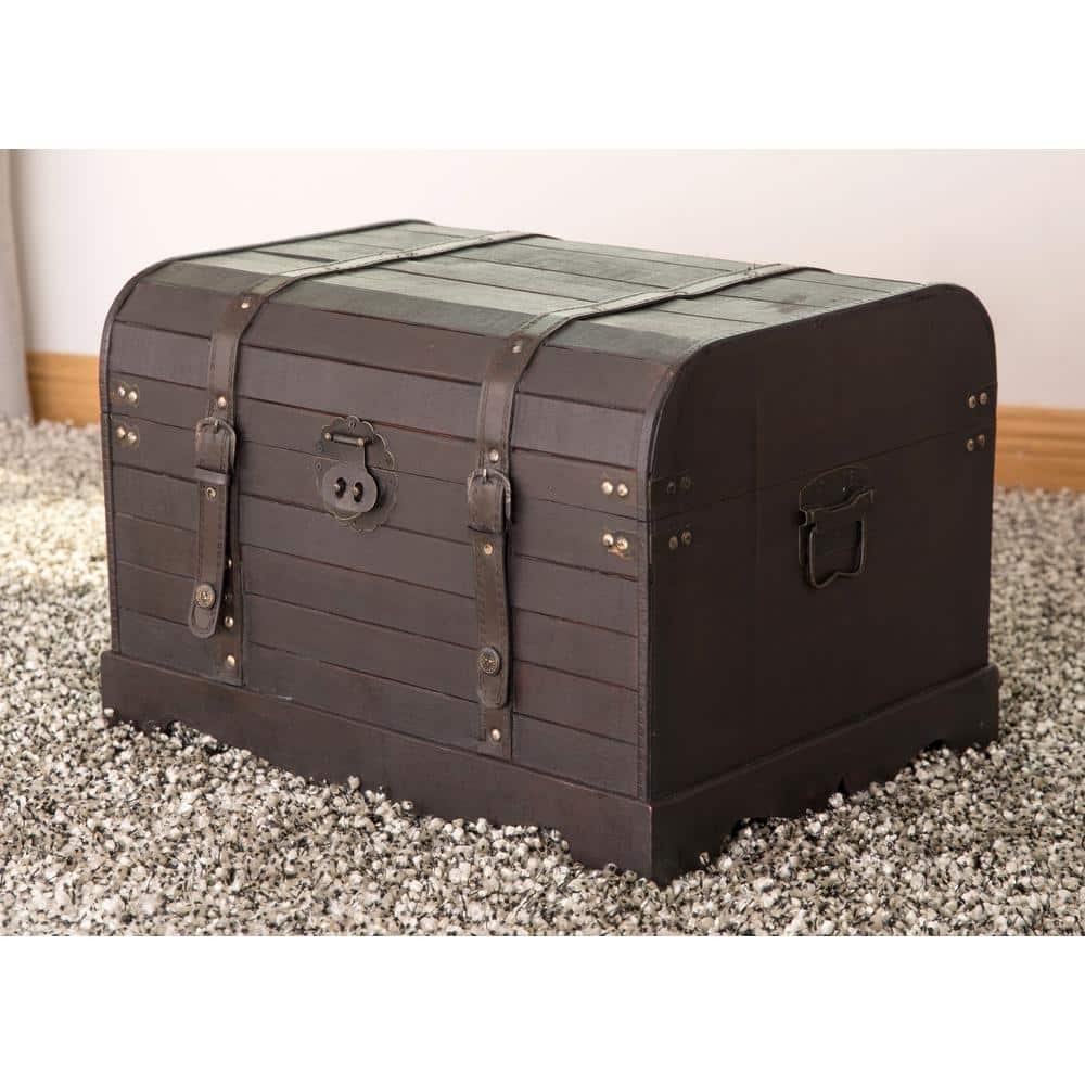 Antique Style Black Wooden Steamer Trunk Coffee Table with Leather Trimmings