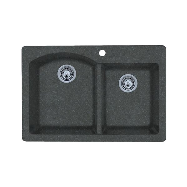 Dual-Mount Granite 33 in. x 22 in. 1-Hole 55/45 Double Bowl Kitchen Sink in Nero