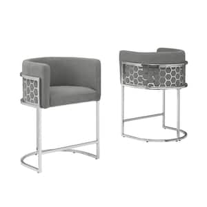 Evan 29 in. Dark Grey Low Back Metal Frame Bar Stool With Teddy Fabric Set of 2